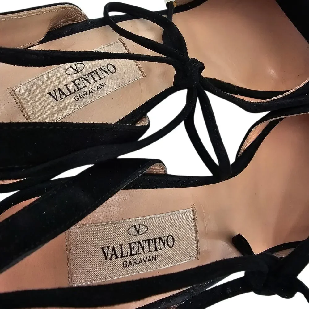 Valentino Garavani Cork Ankle Tie Heel Plaform Sandal Black Suede Size 39 US 9